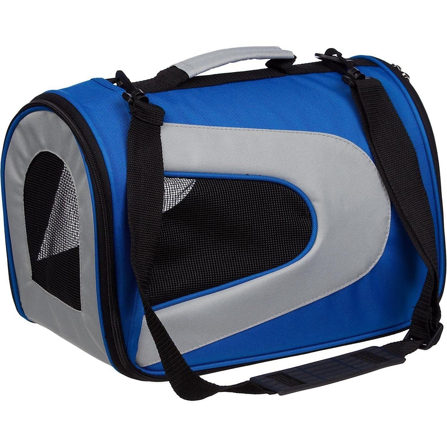 Blue and gray pet carrier with black mesh door on a white background