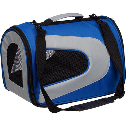 Blue and gray pet carrier with black mesh door on a white background