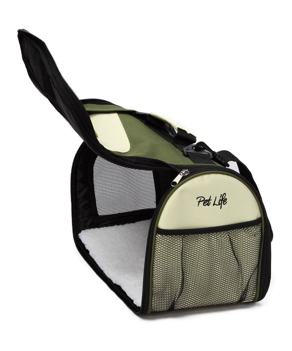 Pet carrier with 'Pet Life' branding on a white background