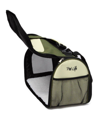 Pet carrier with 'Pet Life' branding on a white background