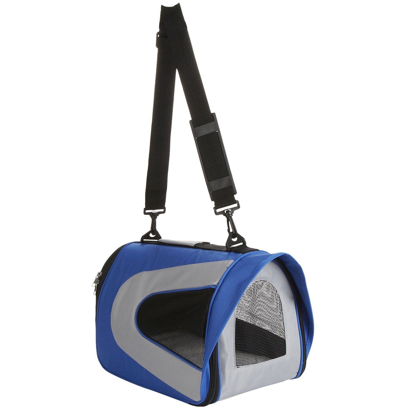 Blue and gray pet carrier with a black strap on a white background