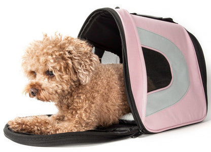 Small dog inside a pink pet carrier on a white background