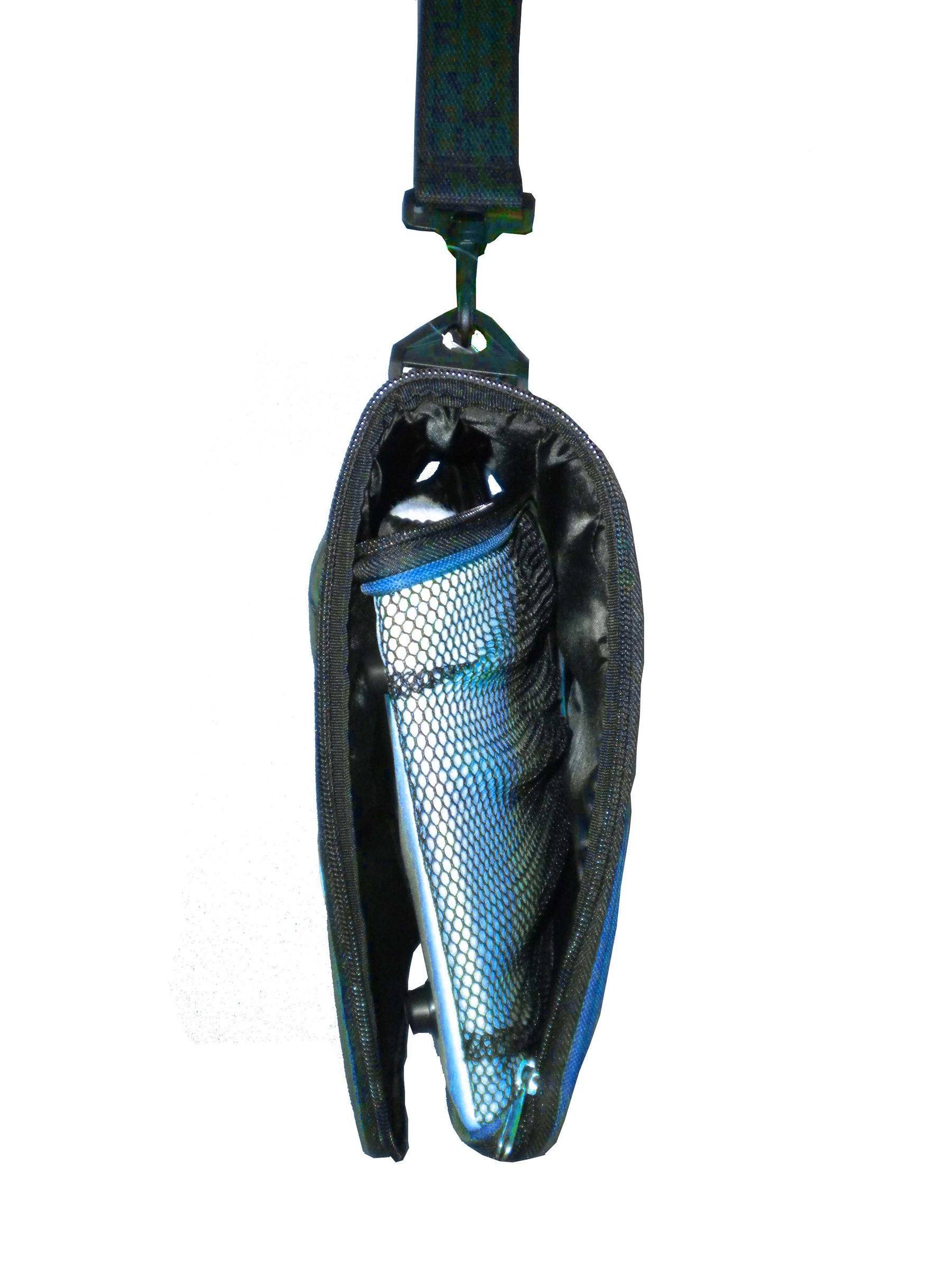 Black protective gear case with a blue interior on a white background