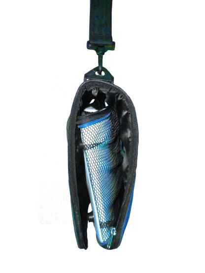 Black protective gear case with a blue interior on a white background