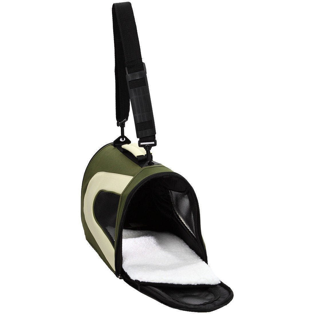 Pet carrier with a white interior on a white background