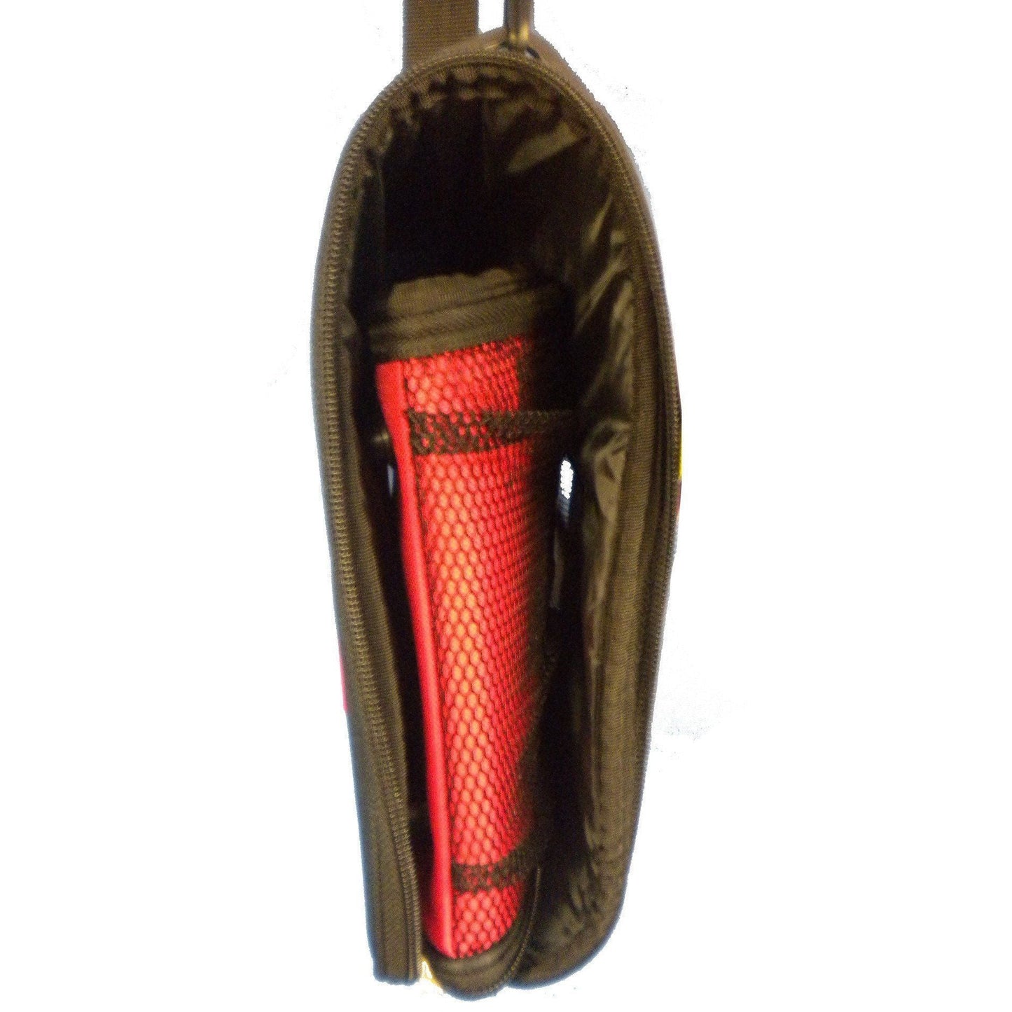 Brown bag with a red cylindrical object inside on a white background