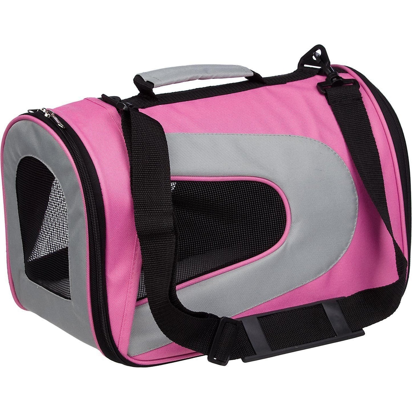 Pink and gray pet carrier with black straps on a white background