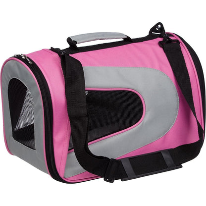 Pink and gray pet carrier with black straps on a white background