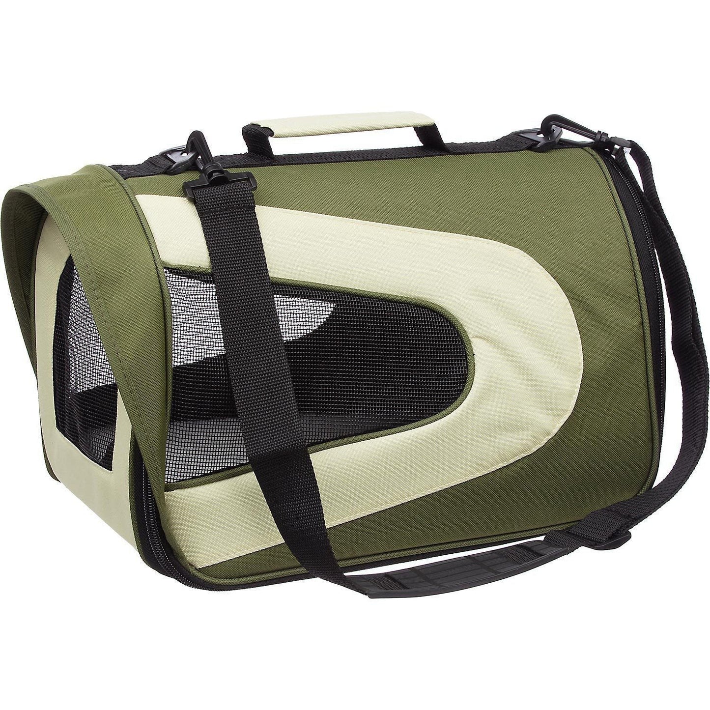 Green and beige pet carrier with a black strap on a white background