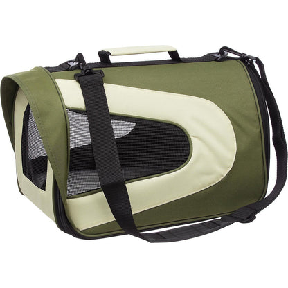 Green and beige pet carrier with a black strap on a white background
