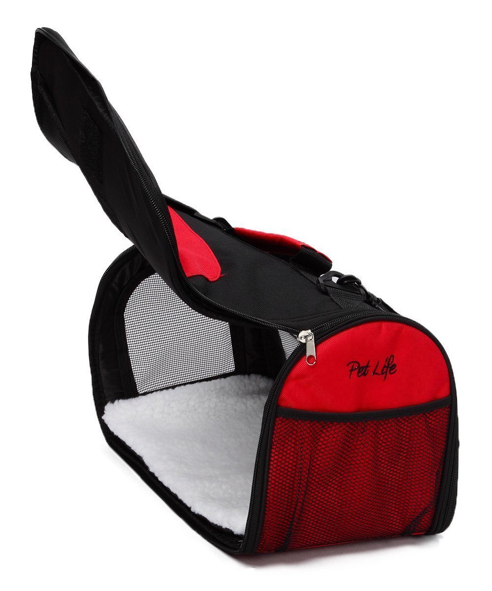 Red and black pet carrier with 'Pet Life' branding on a white background