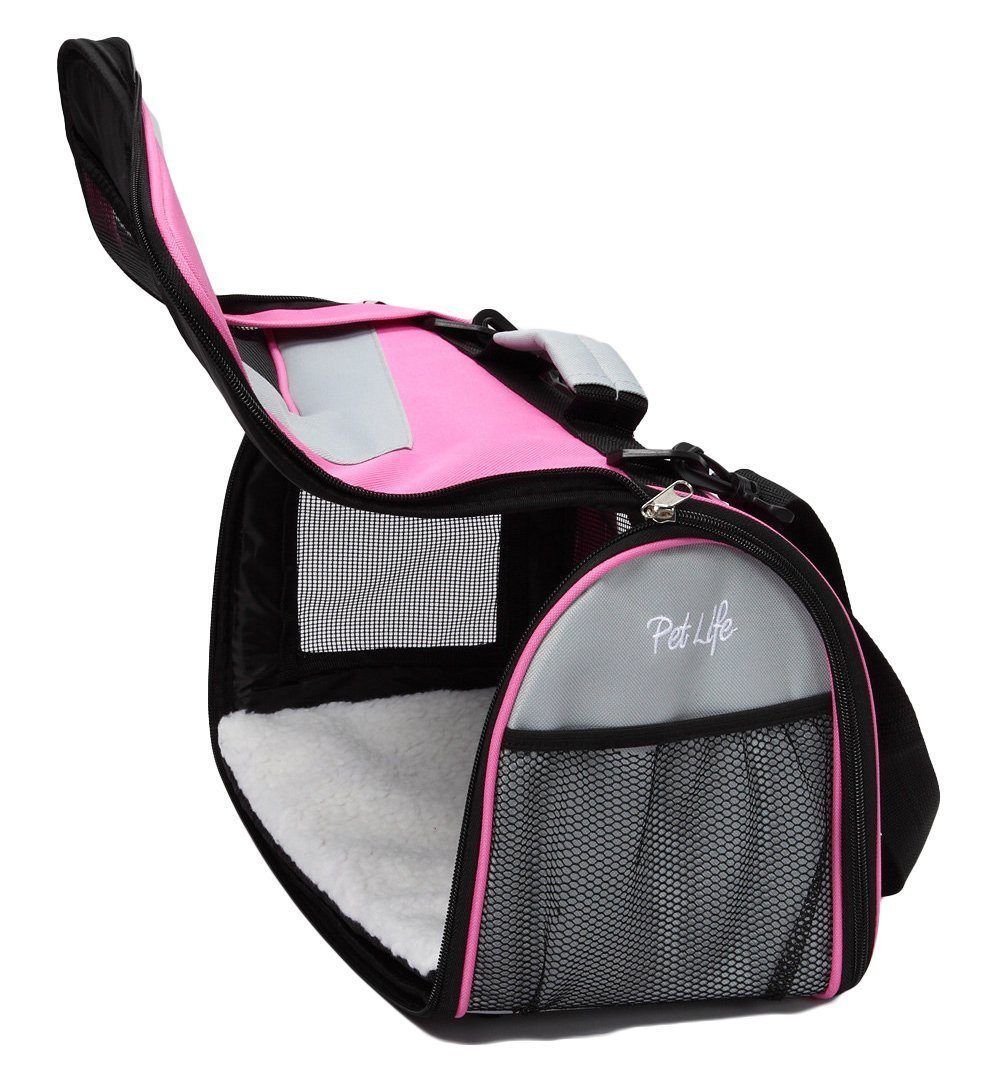 Pet carrier with pink accents and 'Pet Life' branding on a white background