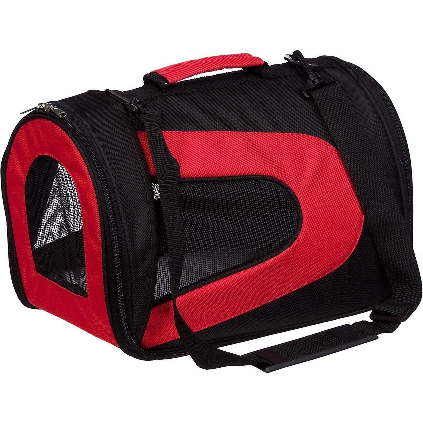 Red and black pet carrier on a white background
