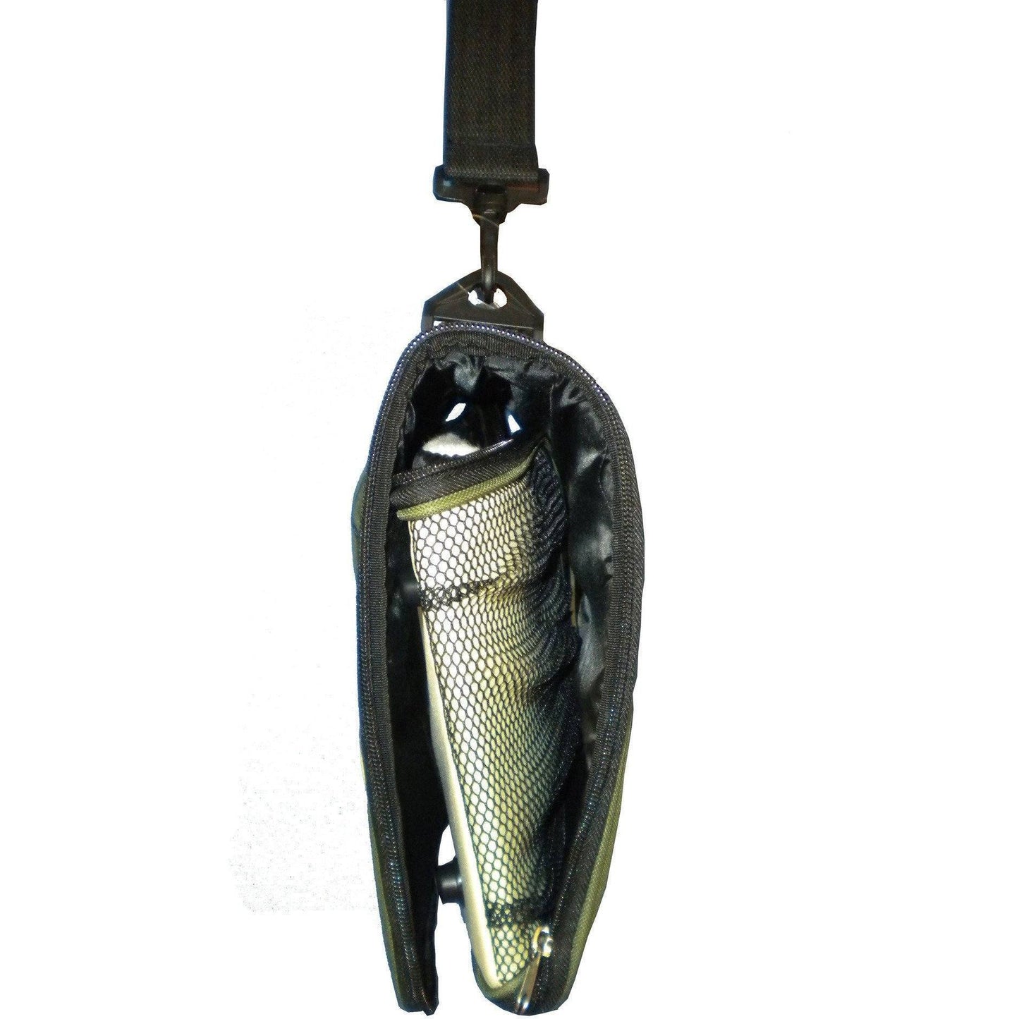 Fishing lure in a black mesh pouch with a strap on a white background