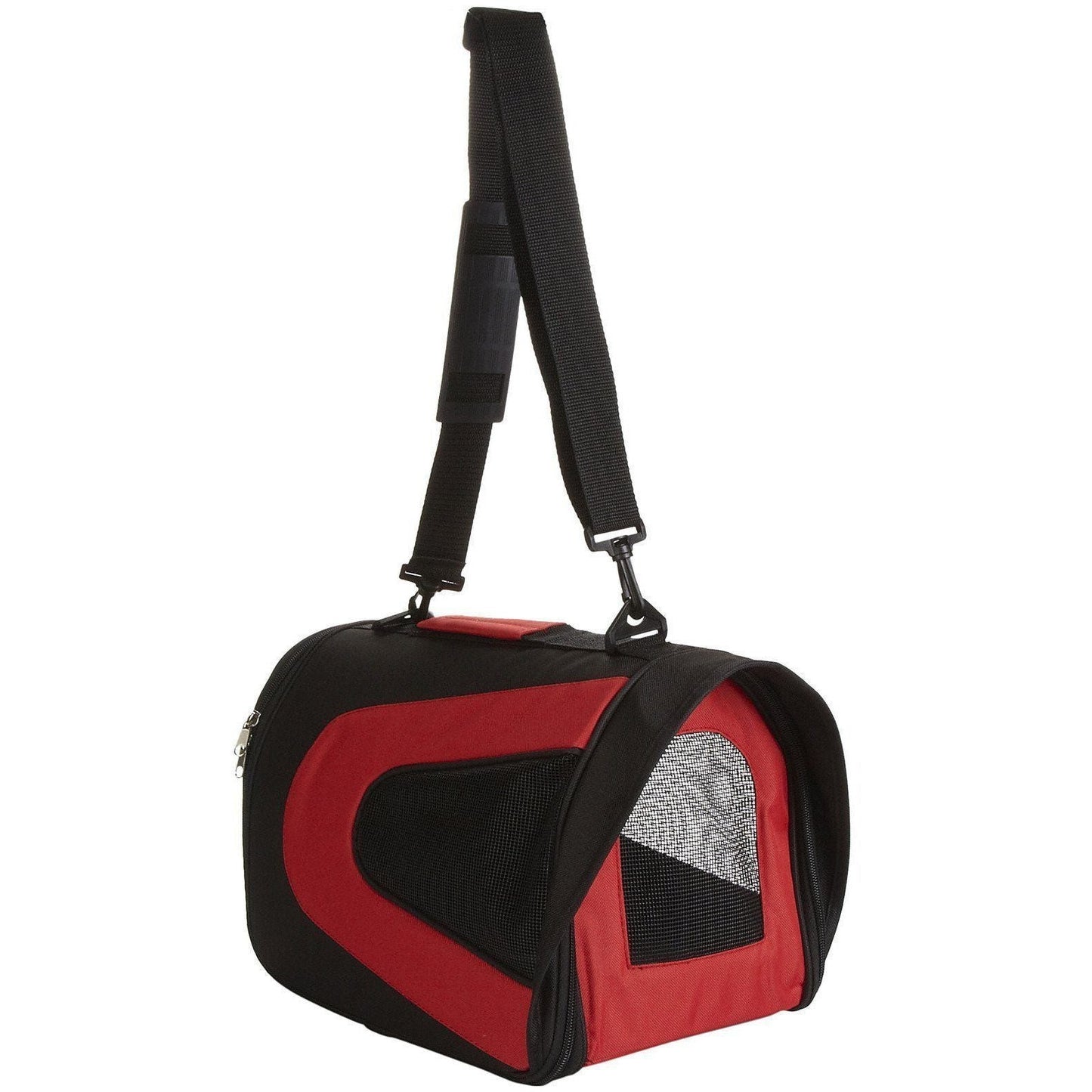 Red and black pet carrier with a strap on a white background