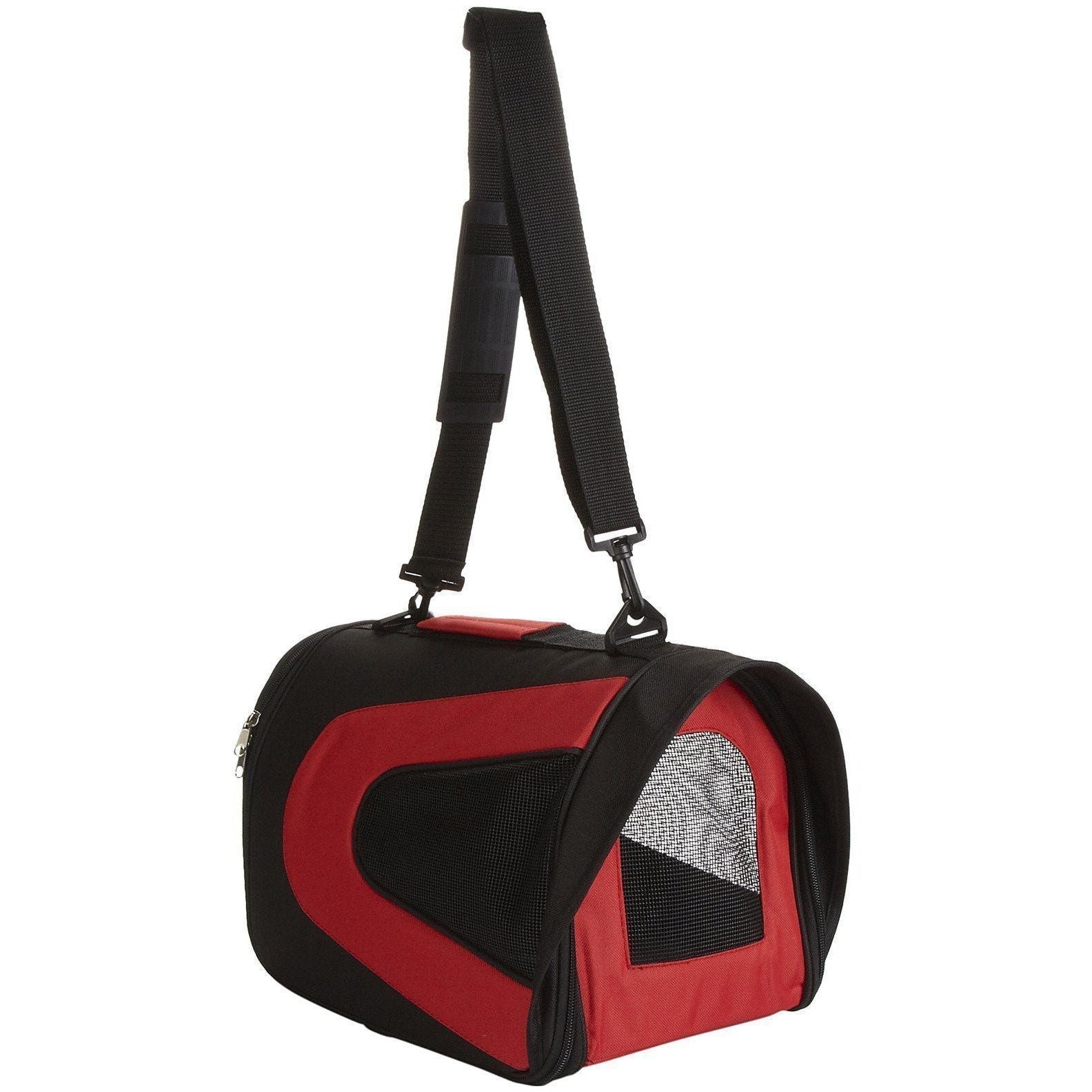 Red and black pet carrier with a strap on a white background