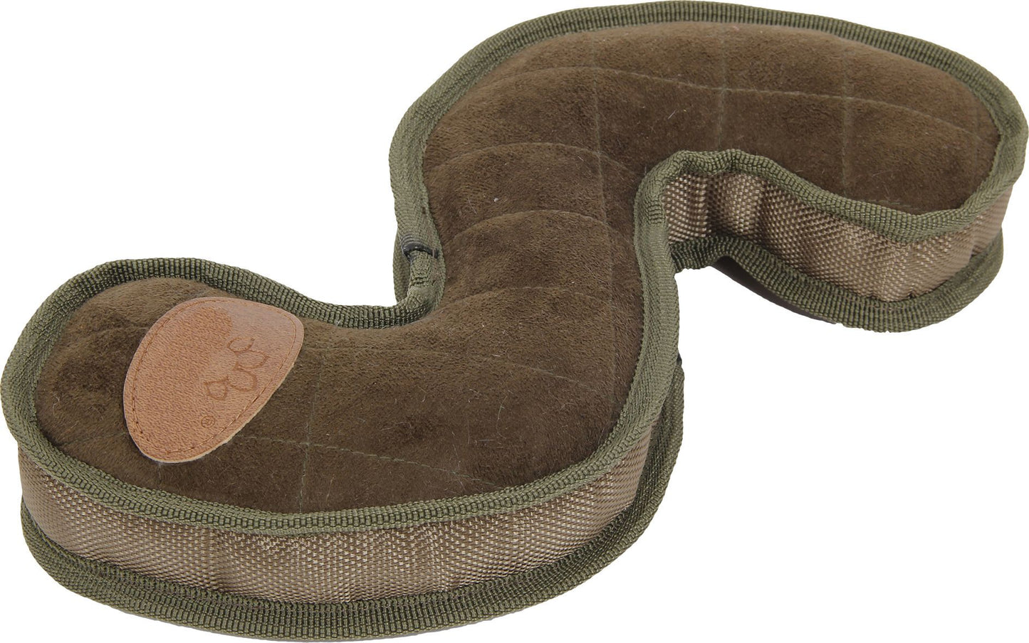 Brown travel pillow with green straps on a white background