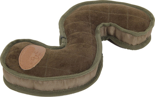 Brown travel pillow with green straps on a white background