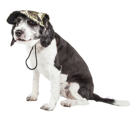 Dog wearing a camouflage cap on a white background