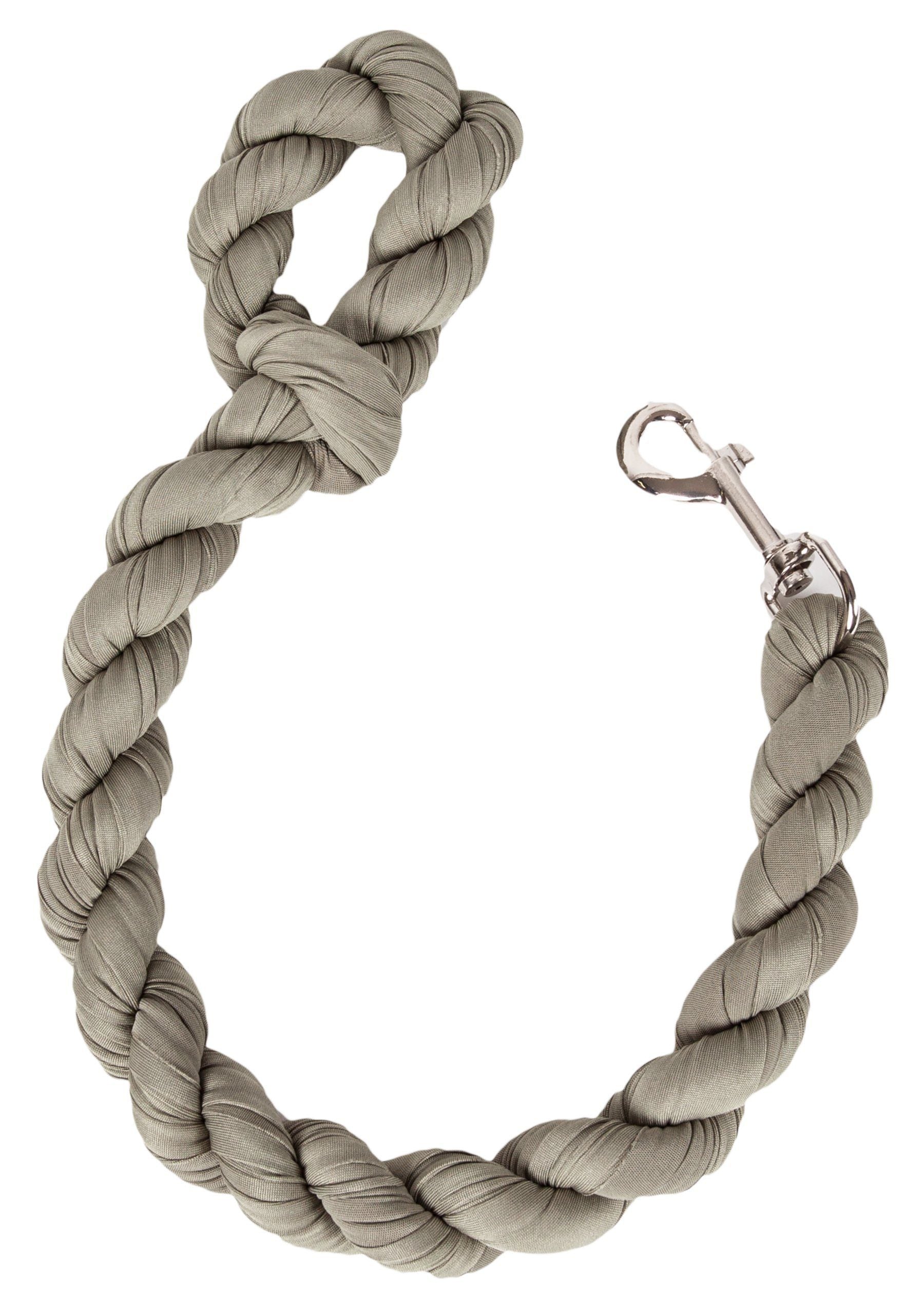 Gray braided dog leash with a metal clip on a white background