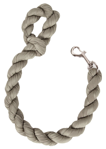 Gray braided dog leash with a metal clip on a white background