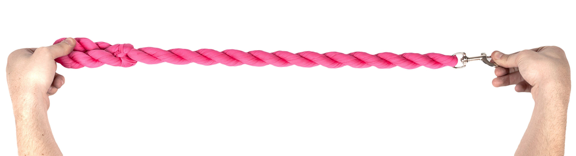 Pink braided rope leash held by two hands against a neutral background