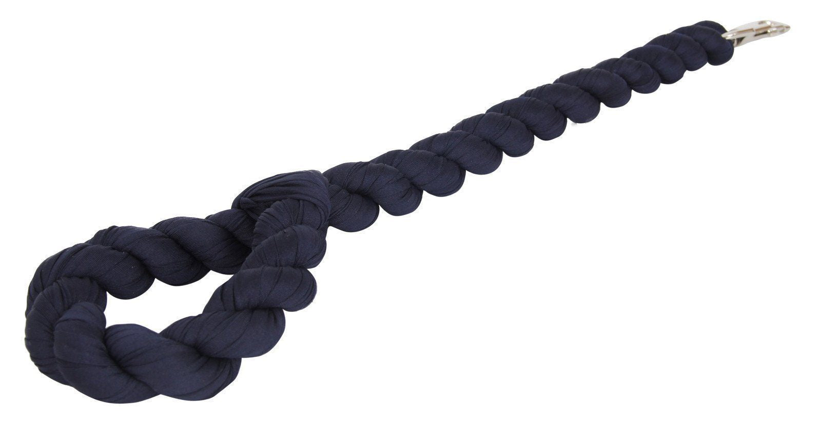 Navy blue braided dog toy on a white background