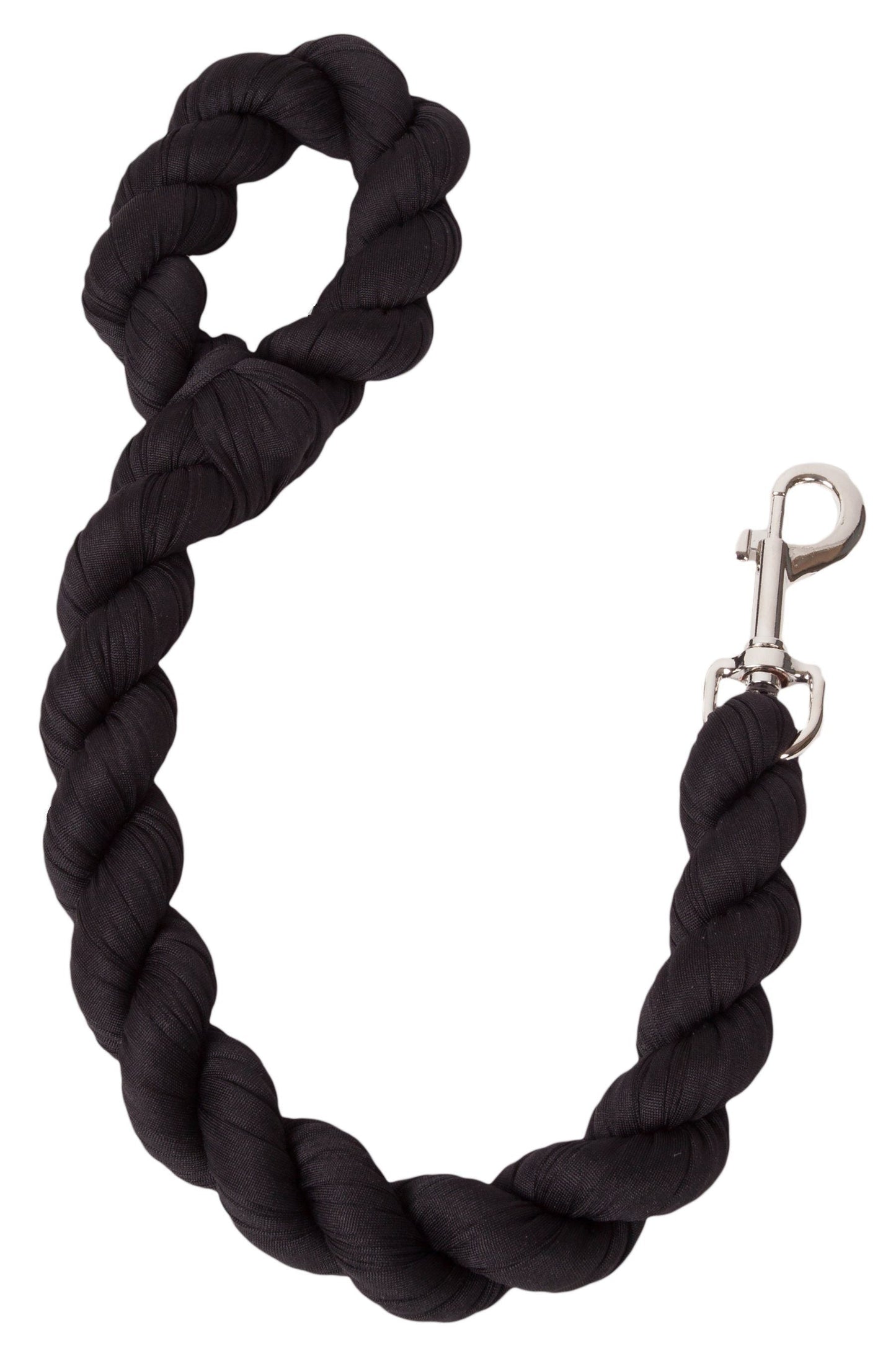 Black braided dog leash with a metal clip on a white background