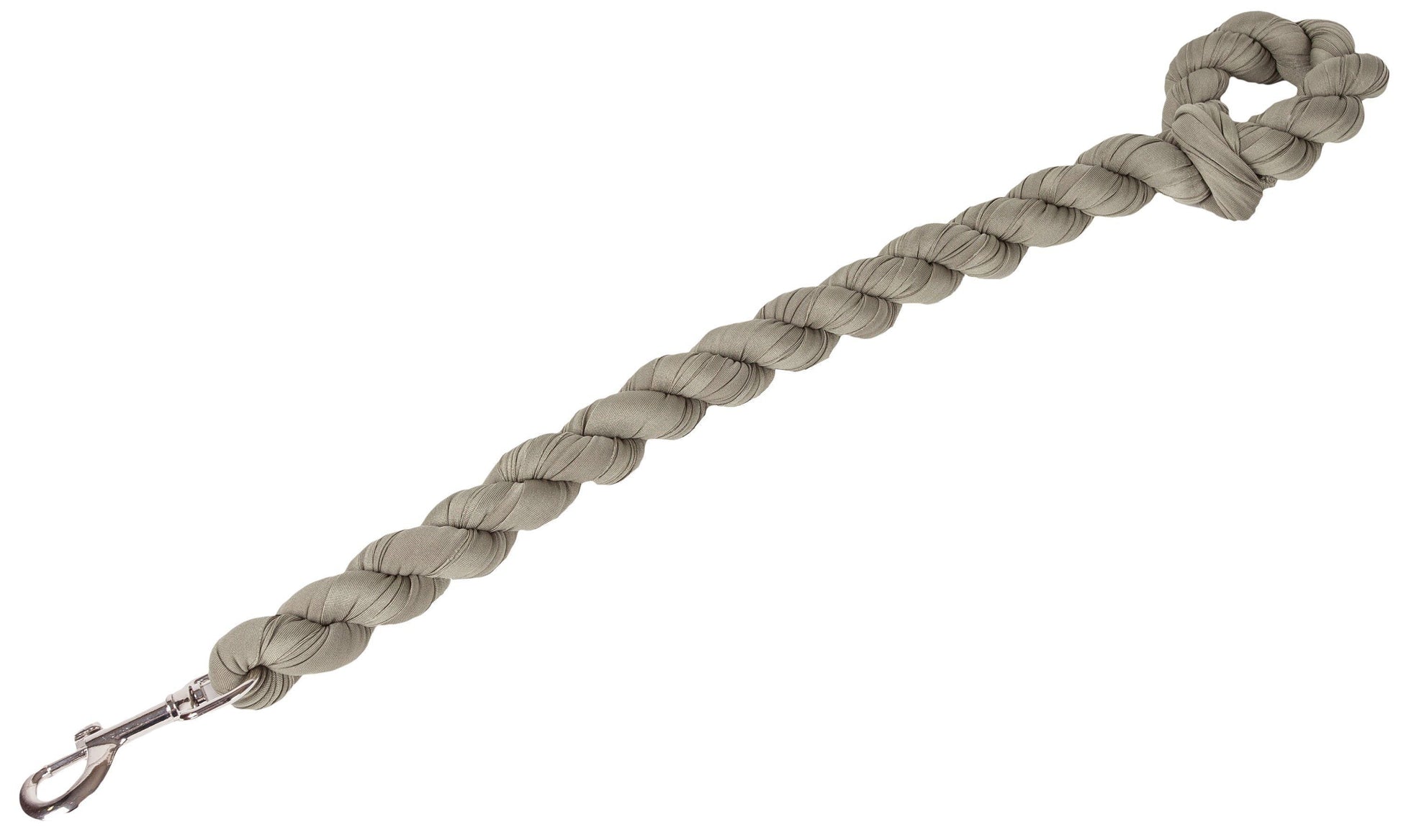 Beige braided rope with a metal clip on a white background