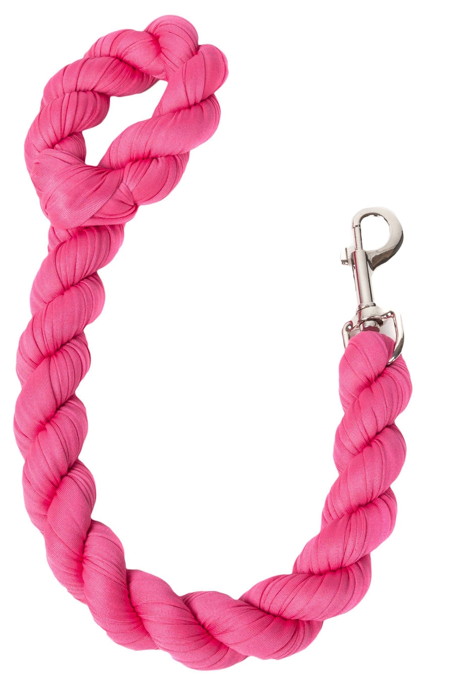 Pink braided dog leash with a metal clip on a white background