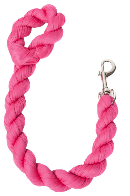 Pink braided dog leash with a metal clip on a white background