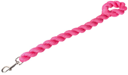 Pink braided dog leash with a metal clip on a white background