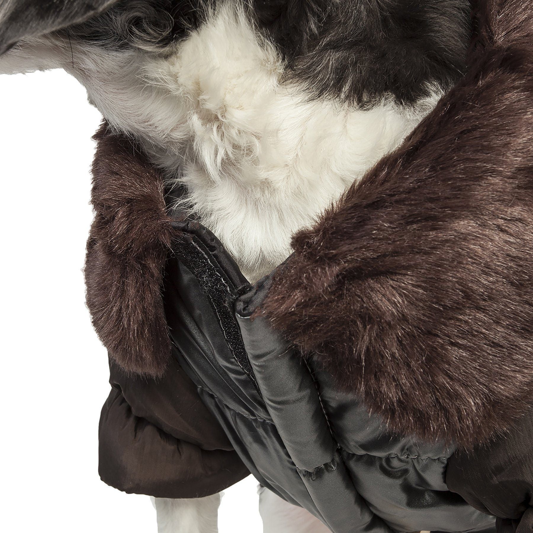 Close-up of a dark brown fur-lined coat with a white interior on a white background
