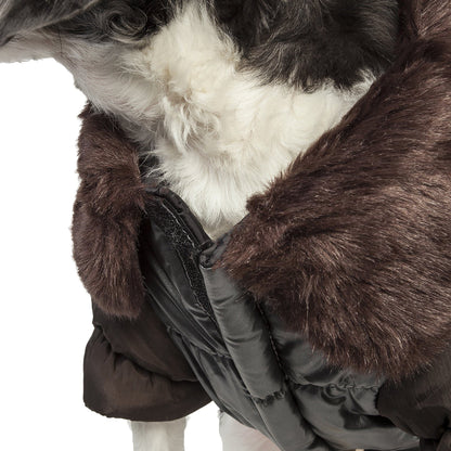 Close-up of a dark brown fur-lined coat with a white interior on a white background