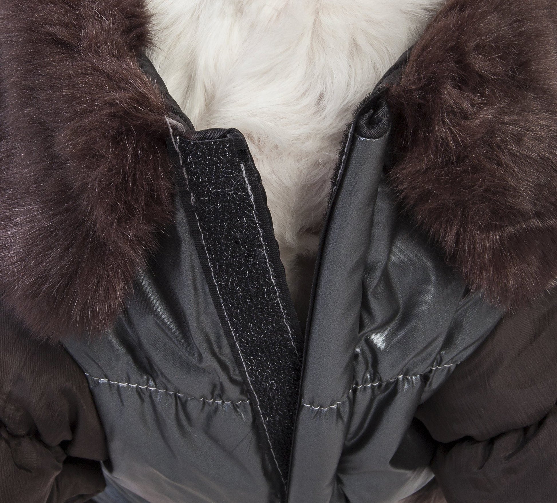 Close-up of a gray winter coat with fur-lined hood on a white background
