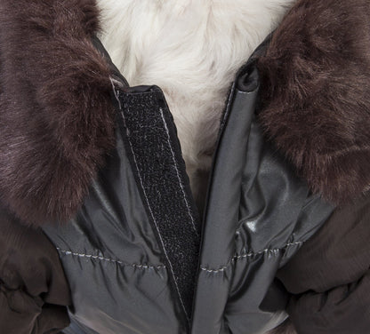 Close-up of a gray winter coat with fur-lined hood on a white background