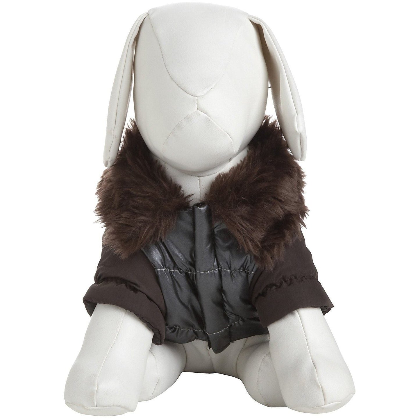 White plush toy with bunny ears and a brown leather jacket on a white background