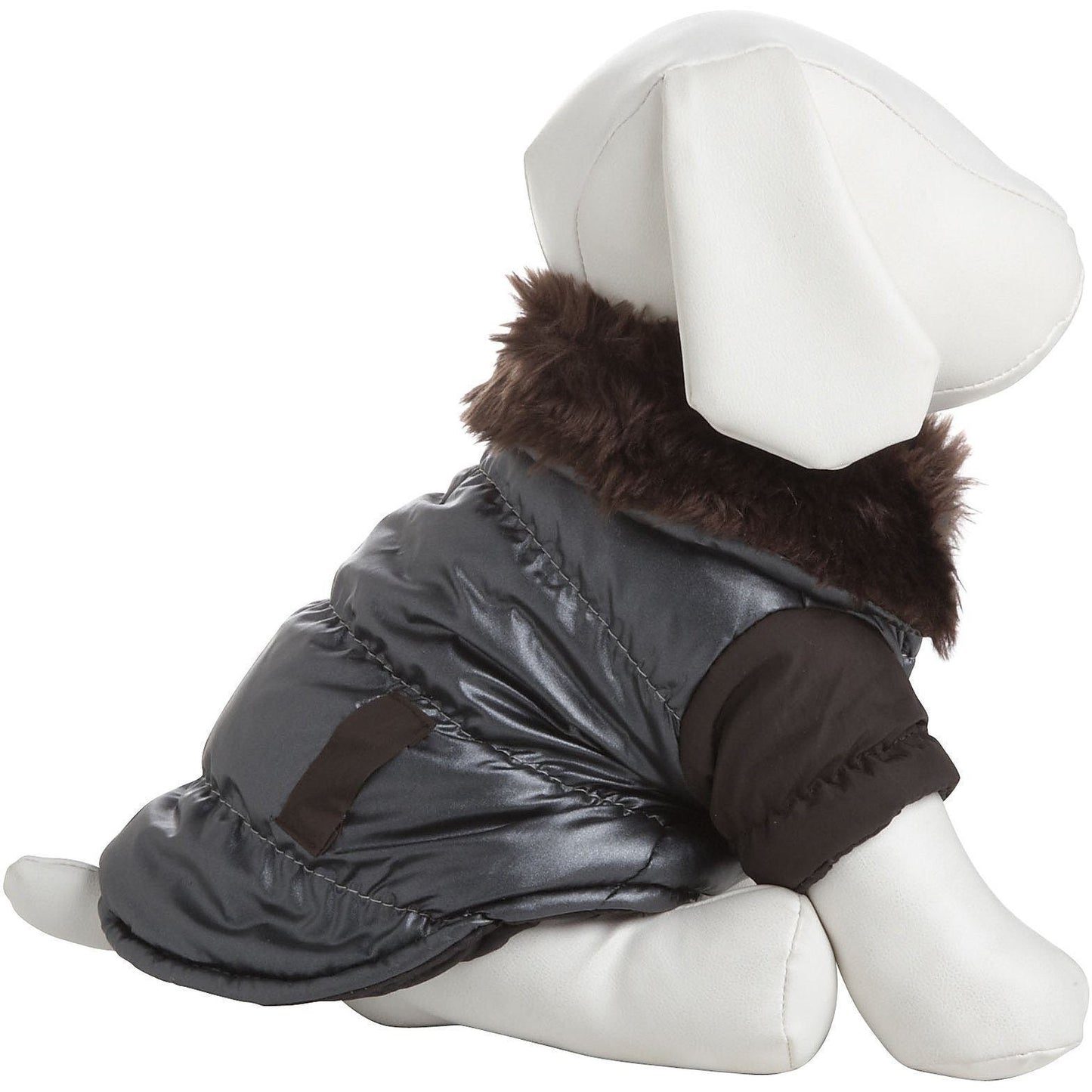 Dog toy resembling a penguin with a gray body and brown accents on a white background
