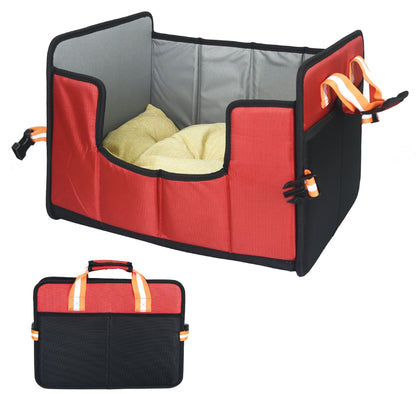 Red and black pet carrier with a yellow cushion on a white background