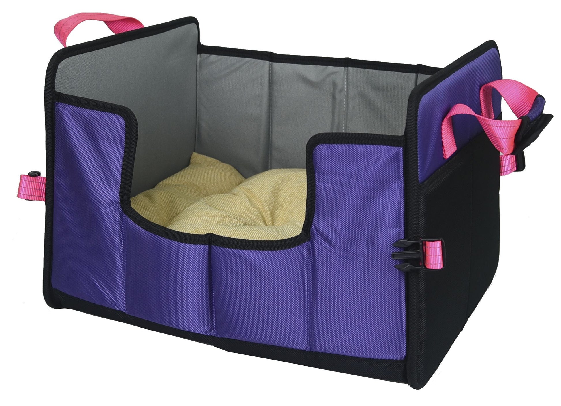 Purple pet carrier with gray interior and pink straps on a white background