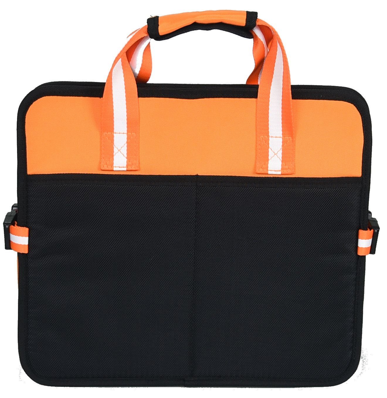 Black and orange bag with reflective stripes on a white background