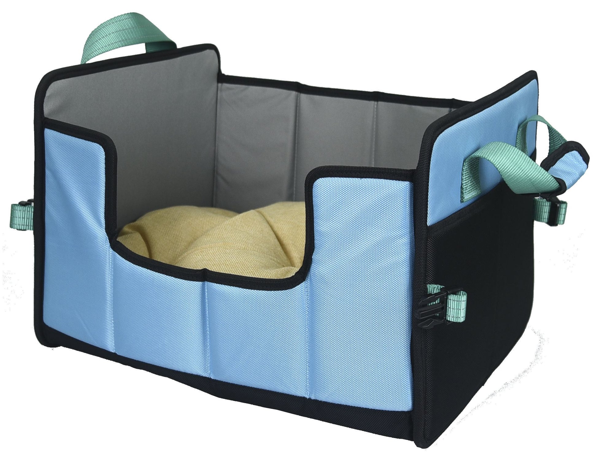 Pet carrier with blue interior and black exterior on a white background
