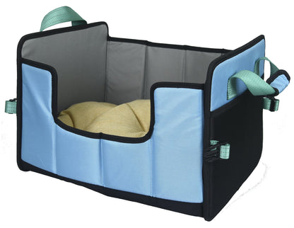 Pet carrier with blue interior and black exterior on a white background
