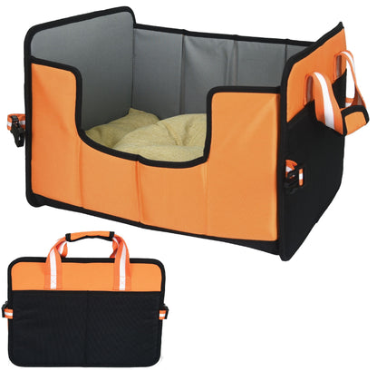 Orange and black pet travel crate with a gray interior on a white background