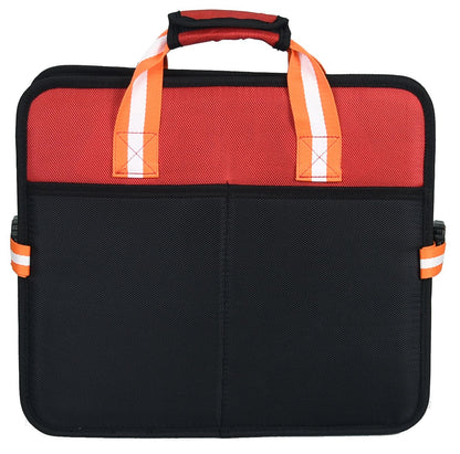 Black and orange bag with reflective stripes on a white background