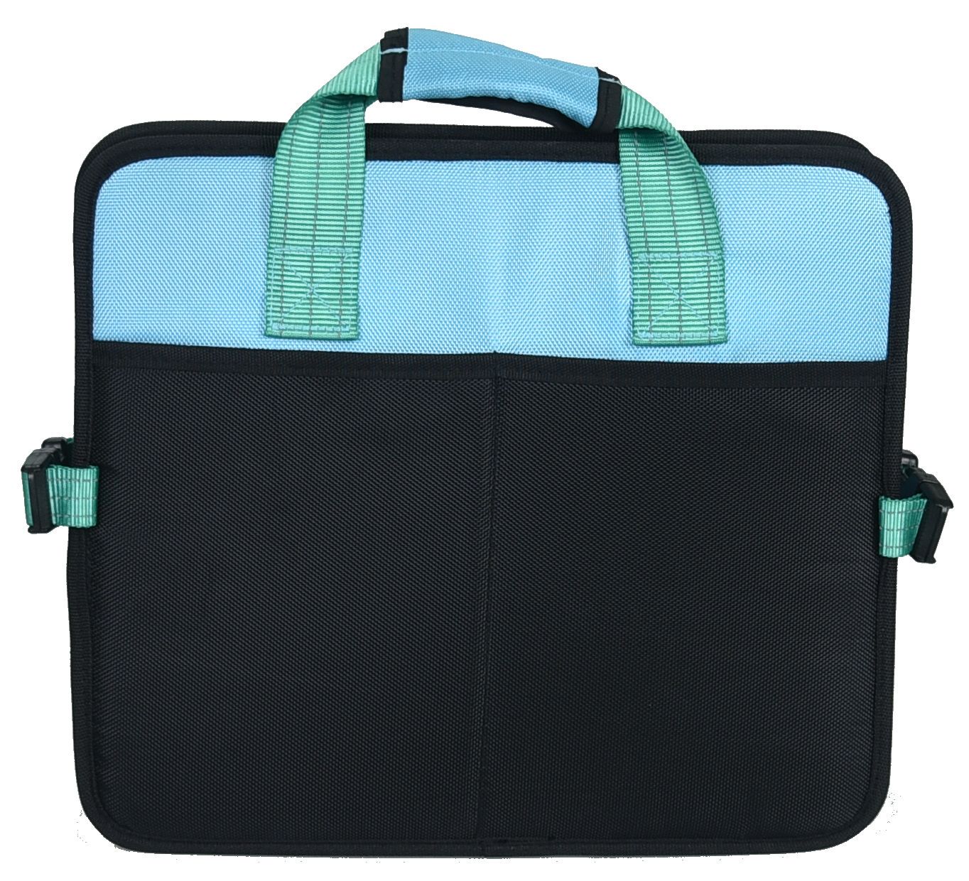 Black and blue laptop bag with green straps on a white background