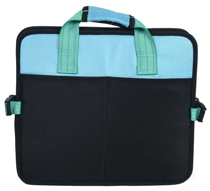 Black and blue laptop bag with green straps on a white background