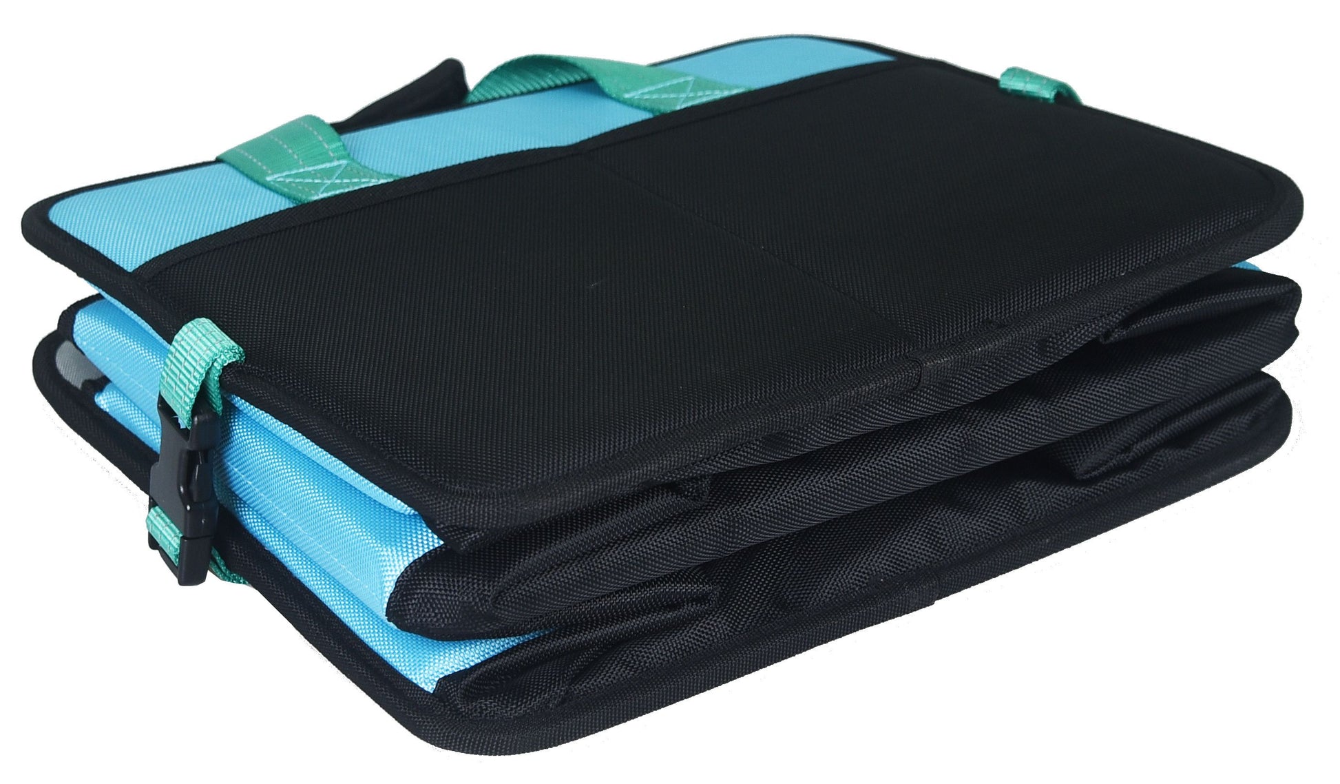 Black and turquoise folding mat on a white background