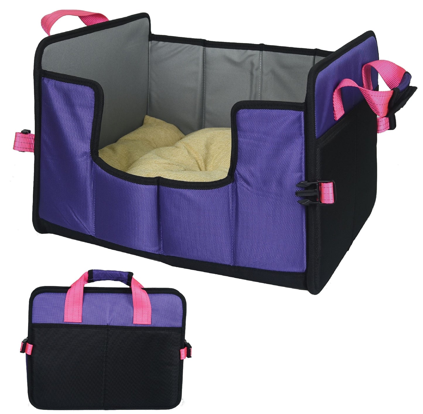 Pet carrier with purple interior and pink straps, shown open and closed.
