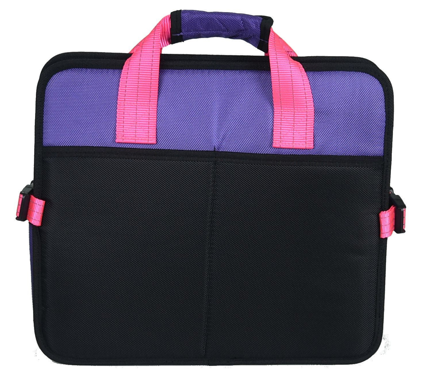 Black and purple bag with pink handles on a white background